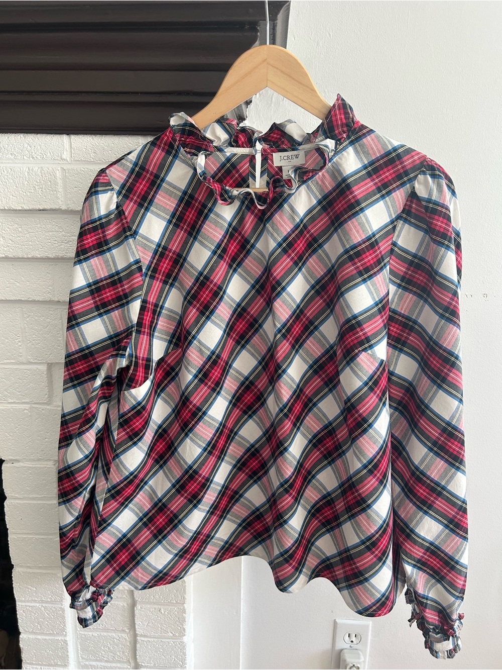 J. Crew Pink and Blue Plaid Ruffle-Neck Blouse